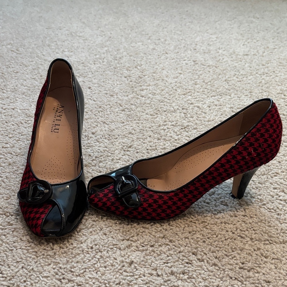 Anyi Lu Res and Black Houndstooth Peep-Toe Heels. Made In Italy.